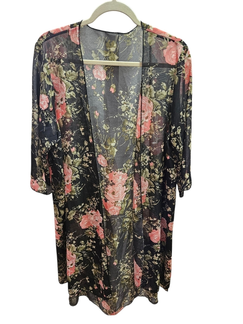 NWOT Black Sheer Floral Romantic Boho Kimono Duster with Pink Roses Knee Length